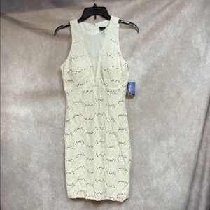 Night Way Collections Ivory Lace Sequined V-Neck Mini Dress